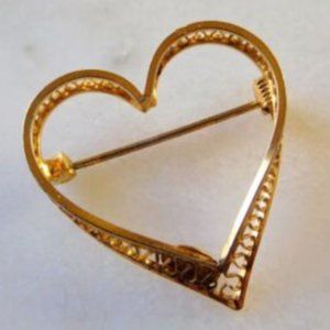 Vintage Stamped 1/20 12K GF Open Filigree Heart Brooch Pin Excel Cond